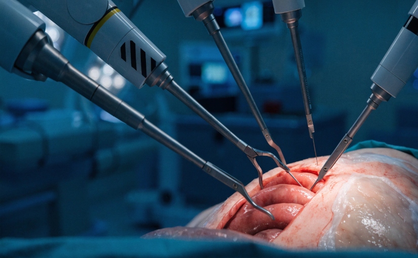 close up of robotic surgical arms performing